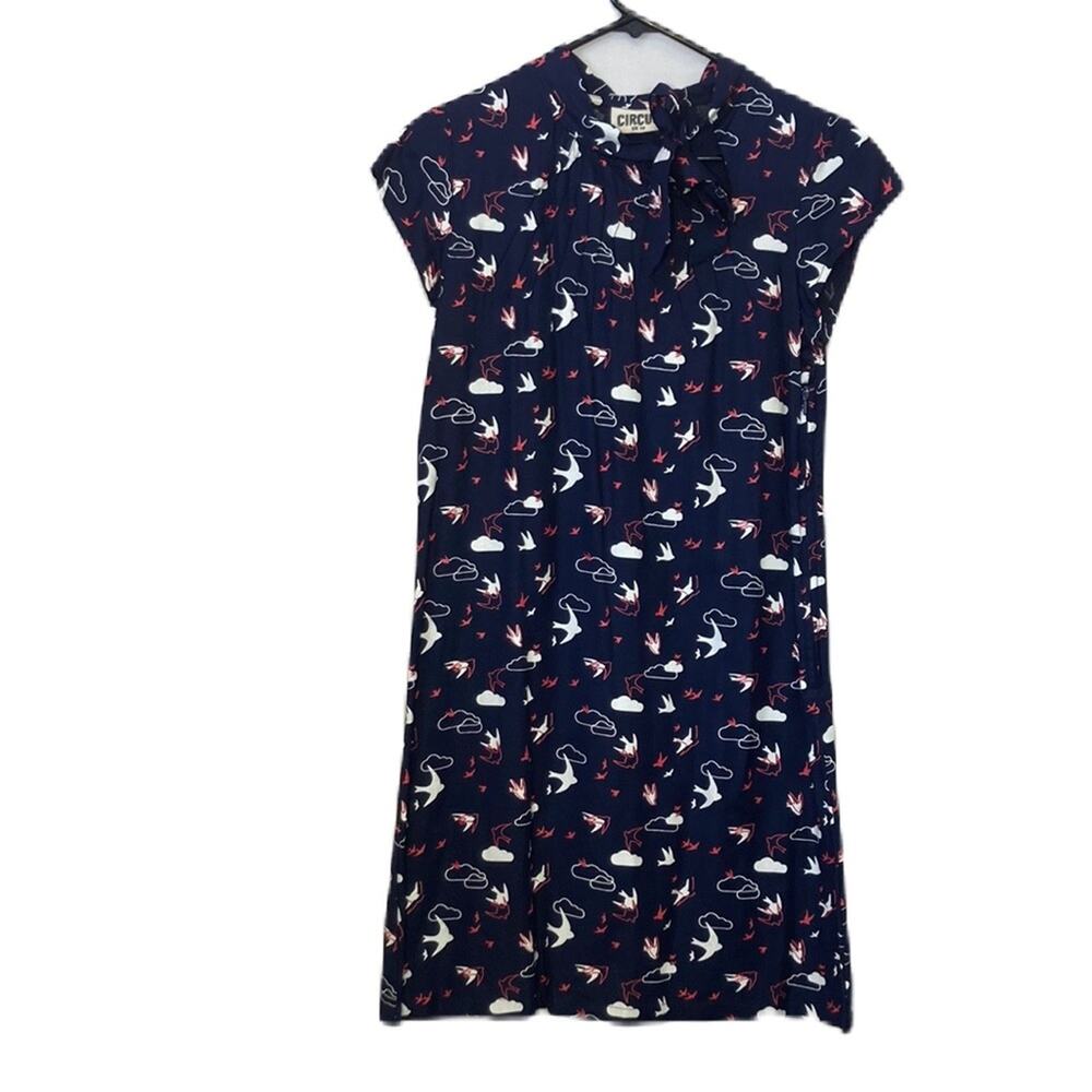 Circus ModCloth Navy Bird & Cloud Sky Print Neck Tie Dress Size 6